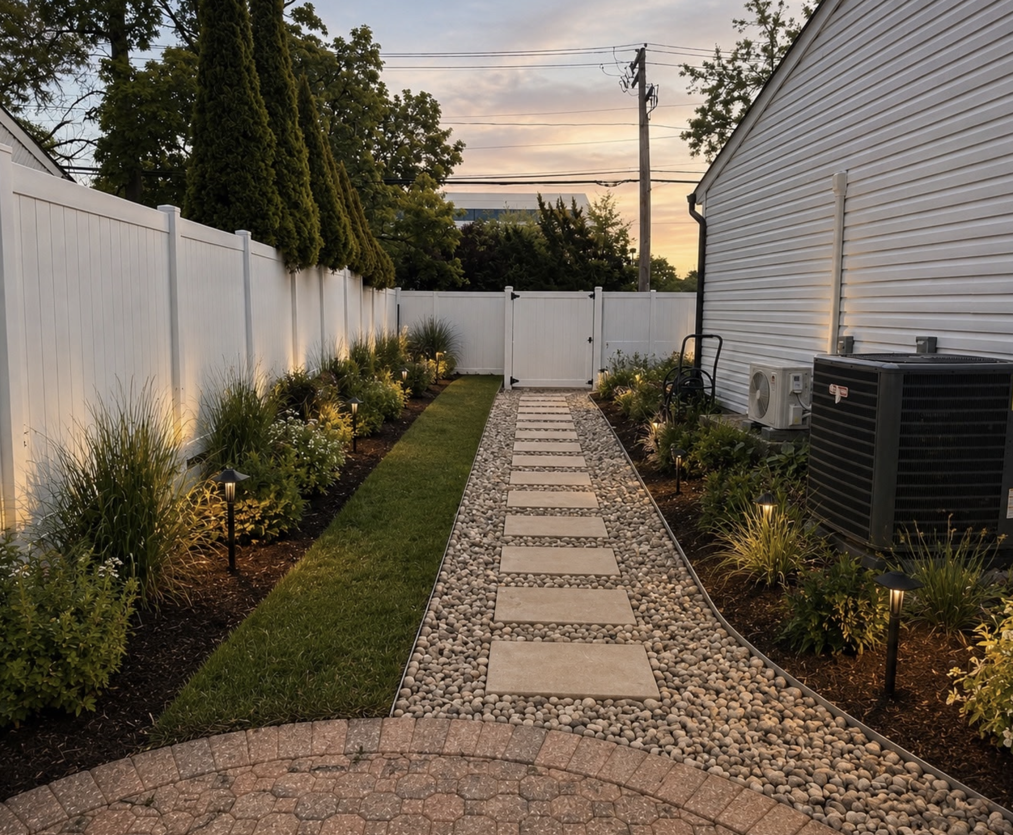 Custom backyard landscape design featuring a stone slab walkway with river rock border, ornamental grass plantings, low-voltage landscape lighting, and manicured lawn — Nassau County, Long Island, by Nassau Landscaping